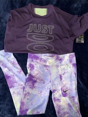 Nike Purple Graphic Top with Lavender & White Tie-Dye Leggings